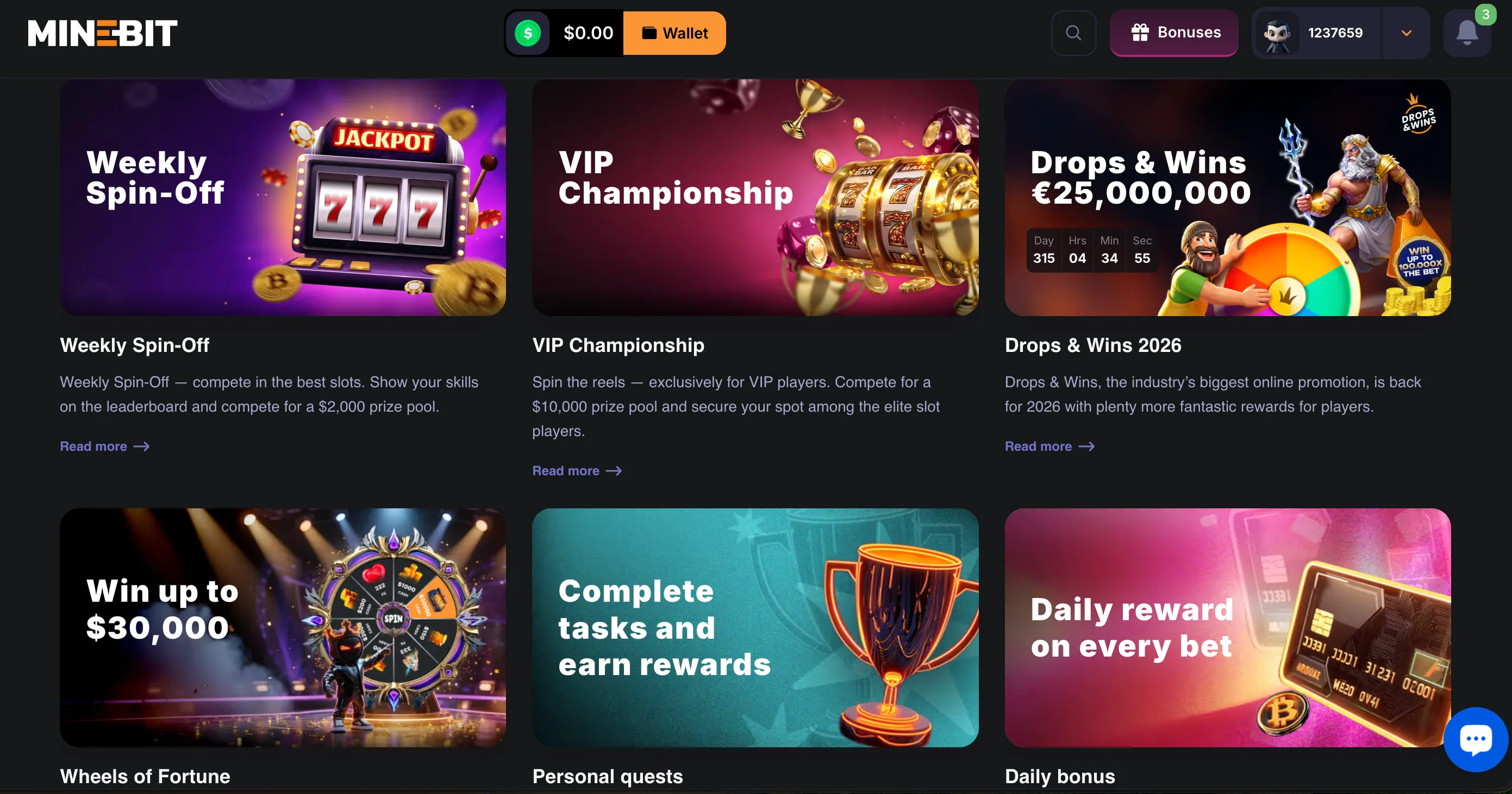 Minebit Casino promotions page overview showing all active bonus offers for Canadian players