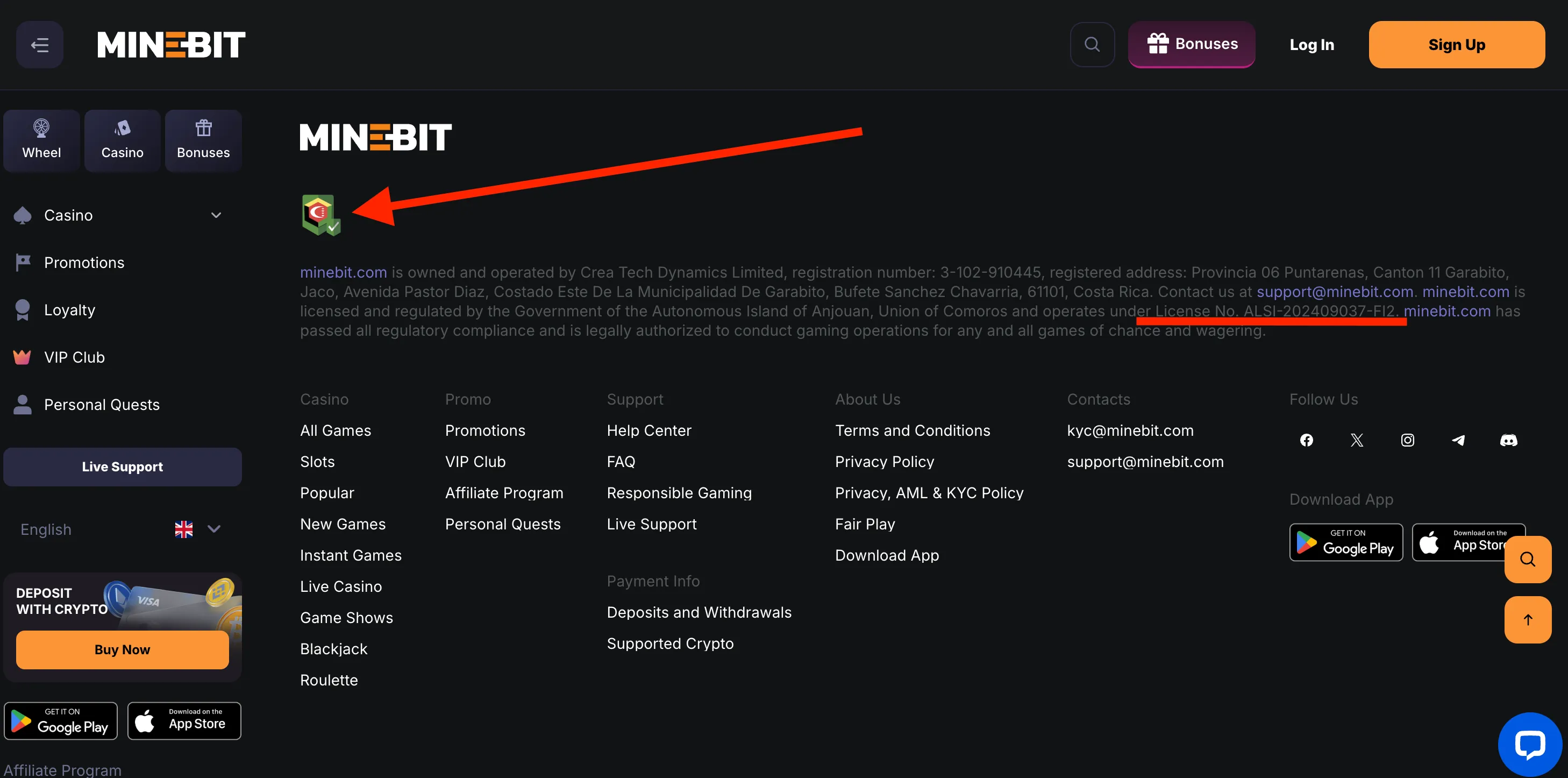 Minebit Casino footer displaying Crea Tech Dynamics Limited and Anjouan License ALSI-202409037-FI2