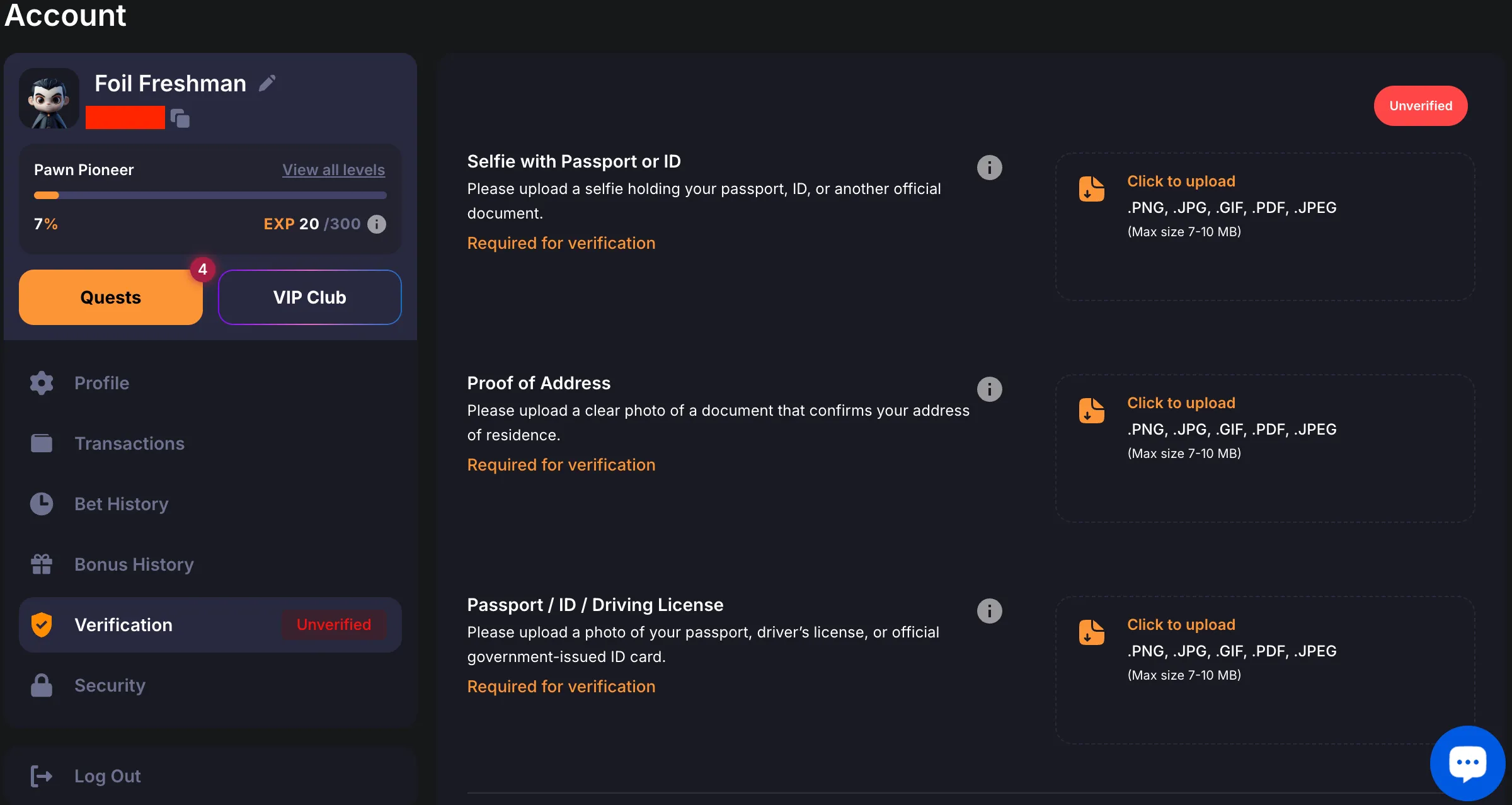 Minebit KYC document upload page for account verification