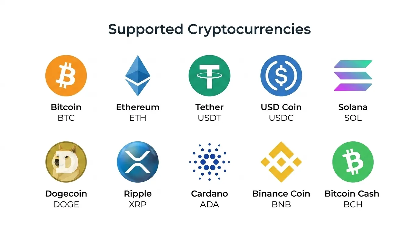 Supported cryptocurrencies at Minebit Casino including BTC ETH USDT SOL and more