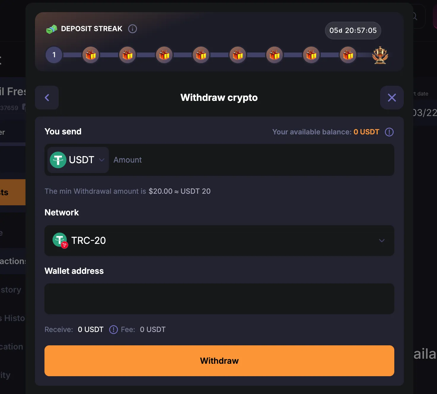 Minebit withdrawal request form with crypto address input and network selection